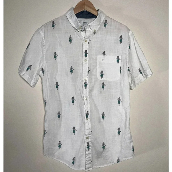 Mens Short Sleeve Medium White Hawaiian Girl Print Button Down Pocket Sonoma - Picture 1 of 8